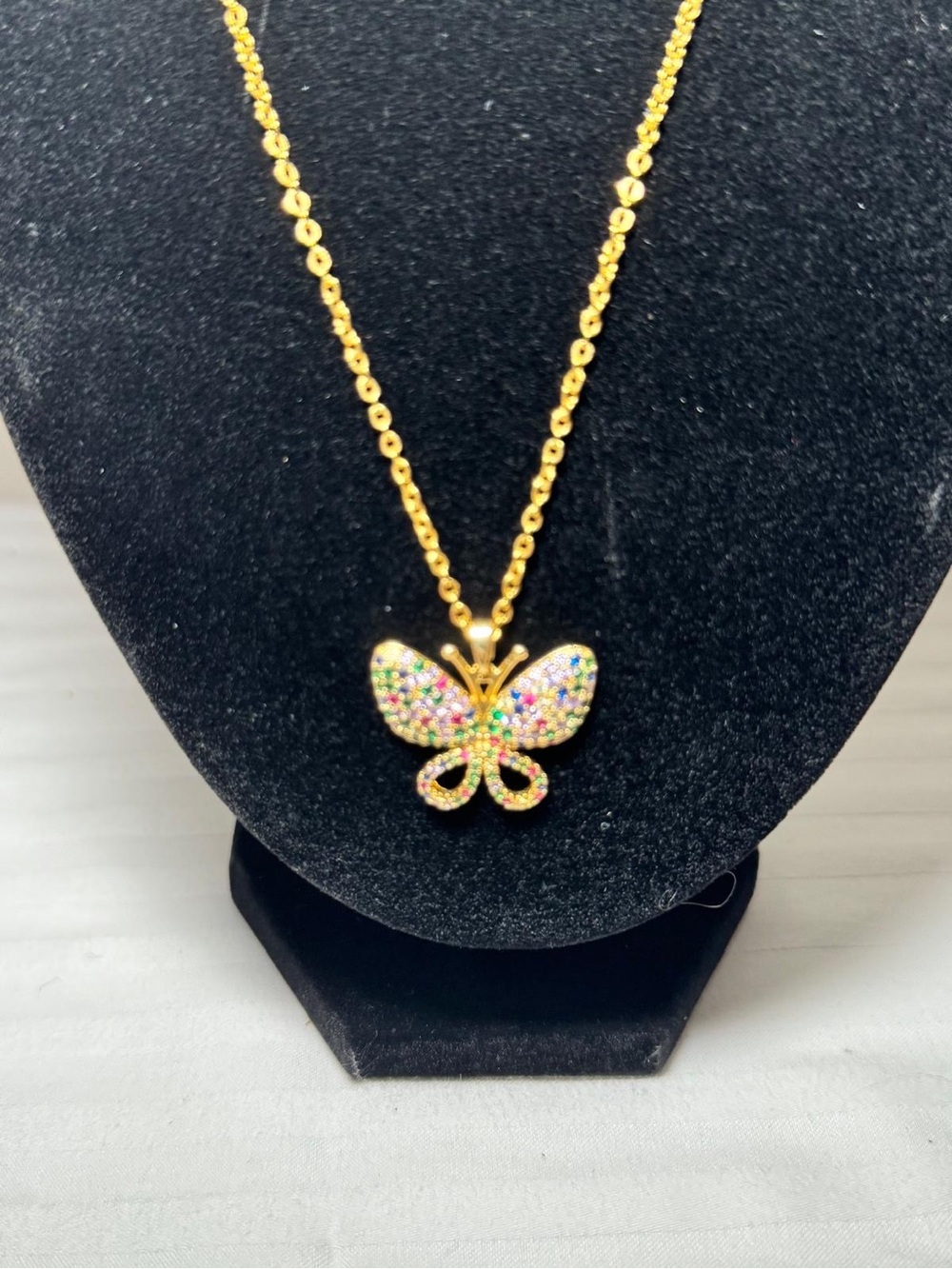 Gold Butterfly Pendant Necklace with Multicolor Crystals